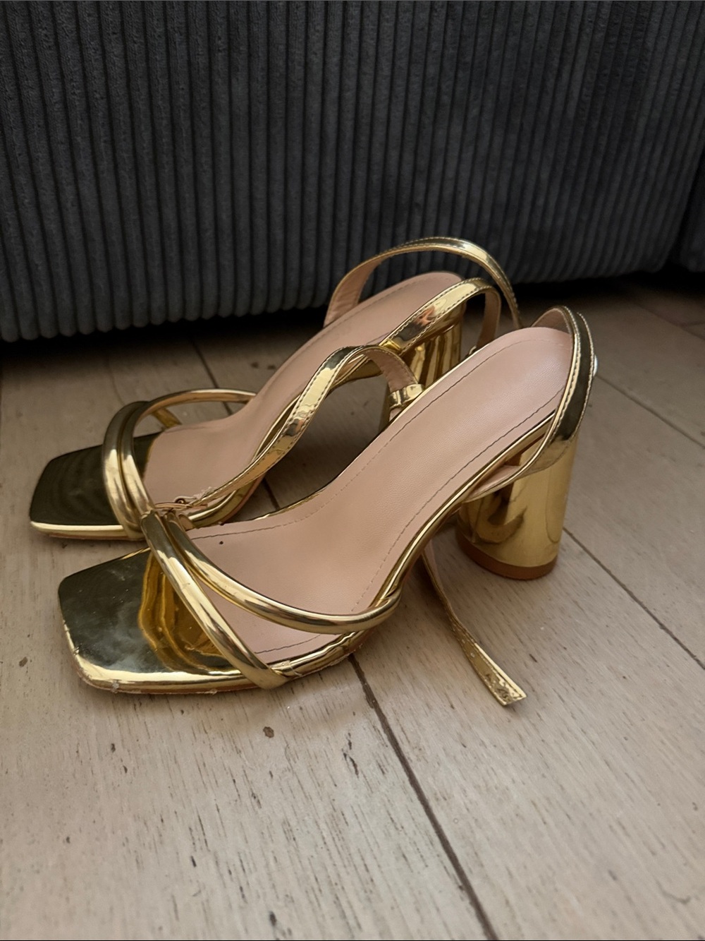 Gold Strappy High Heel Sandals - Women's Elegant Evening Shoes - Picture 3 of 4